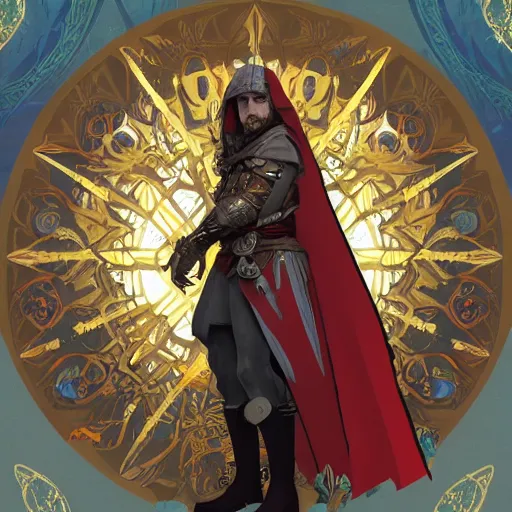 Image similar to an ultra detailed vector image of solare of astora dressed as ezio auditore, concept art by alphonse mucha and greg rutkowski, praise the blood moon, octane render, liminal space