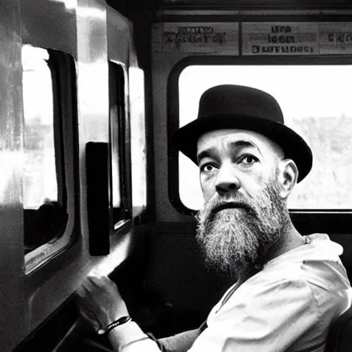 Prompt: photograph of michael stipe driving a train