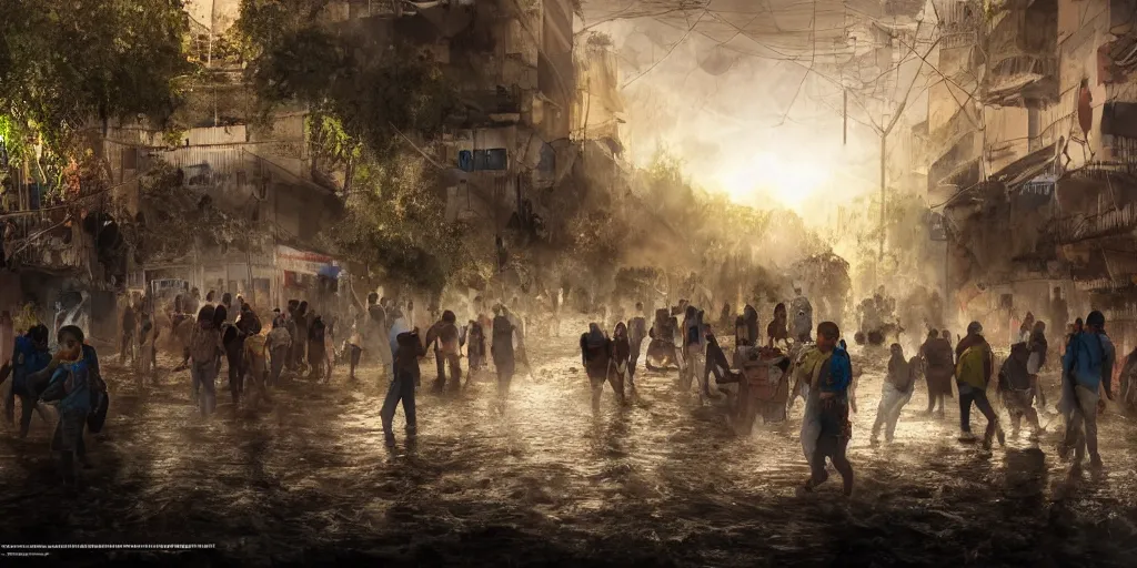 Prompt: realistic national geographic photography of climate change migrant crisis, detailed lighting, high quality, sharp focus, intricate, digital painting, artstation, 4k