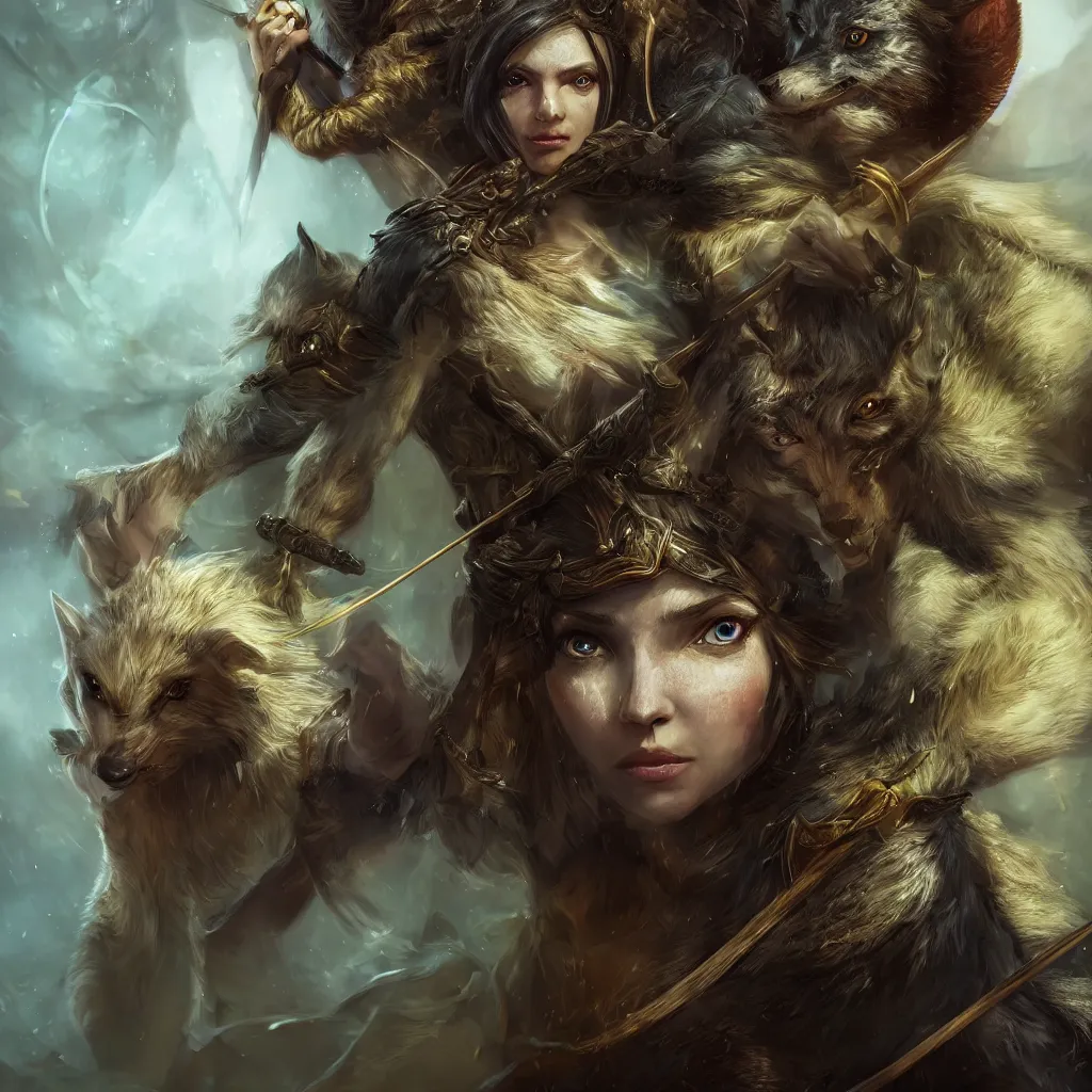 Image similar to Photorealistic close-up fantasy portrait of one single powerful angry female D&D elf ranger holding a longbow, with a pet wolf. Magical occult photorealism, UHD, amazing depth, glowing, golden ratio, 3D octane cycle unreal engine 5, volumetric lighting, cinematic lighting, cgstation artstation concept art