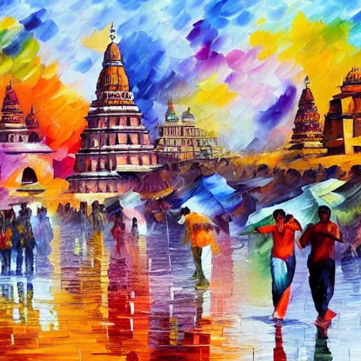 Image similar to People playing holi in Varanasi, with temples in the background, color in the air, Kai Fine Art by Leonid Afremov, by Guy Billoutread