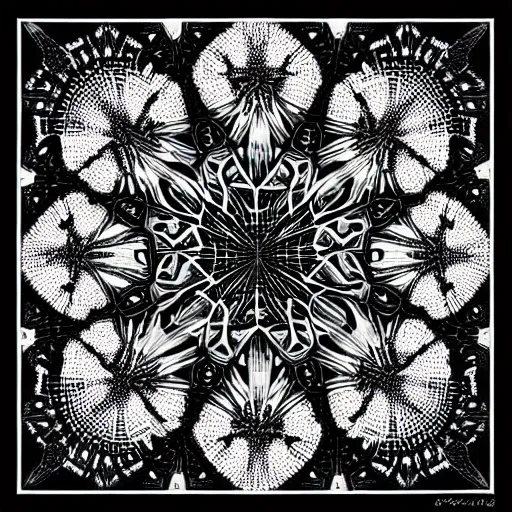 Image similar to an infinite fractal kaleidoscope, micron pen drawing, black ink, by charles burns, mandelbrot