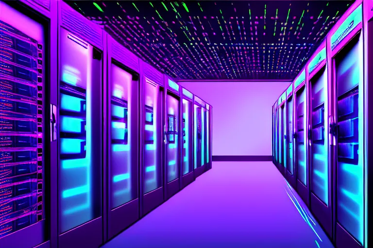 Image similar to realistic robot in a data server room, computers, neon and dark, purple and blue color scheme, by dan mumford, kirokaze and valenberg