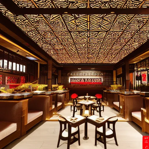 Image similar to a beautiful hyperdetailed interior render of roasted string hotpot restaurant restaurant yan'an, wall corner, from china, with merchant logo, fine delicate structure, chinese style, simple composition, simple style structure decoration design, victo ngai, 4 k hd