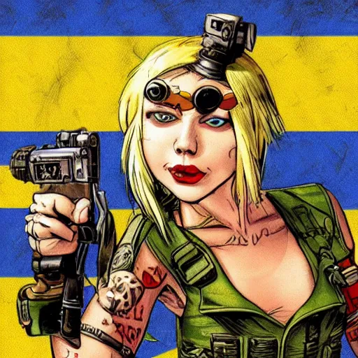 Prompt: tank girl comic, ultra detailed face, ukrainan flag