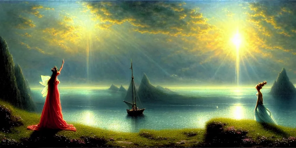 Prompt: an elegant fairy queen in a blue lace dress dancing looking out at a lord of the rings scenery landscape, staring across the sea at a sail boat, sunrise, god's rays highly detailed, vivid colour, soft clouds, floral sunset, cinematic lighting, perfect composition, gustave dore, derek zabrocki, greg rutkowski, belsinski