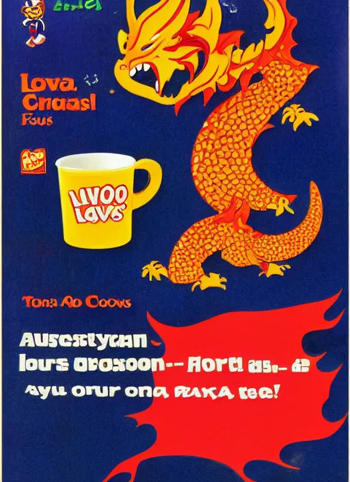 Image similar to lava - os cereal box front, cereal that tastes like lava, cartoon dragon mascot, 1 9 9 3