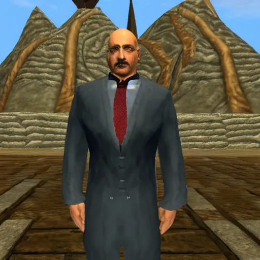 Prompt: Alexander Lukashenko wearing a suit and tie in Balmora in Elder Scrolls III: Morrowind, outdated 2002 Morrowind graphics, low definition, lowpoly