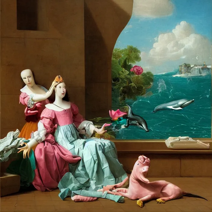 Image similar to pieter de hooch, dolphins, trending on artstation, highly detailed, vaporwave surreal ocean, dolphins, pool, checkerboard pattern underwater, cuastics, award winning masterpiece with incredible details, artstation, a surreal vaporwave vaporwave vaporwave vaporwave vaporwave painting by thomas cole of old pink marble mannequin head