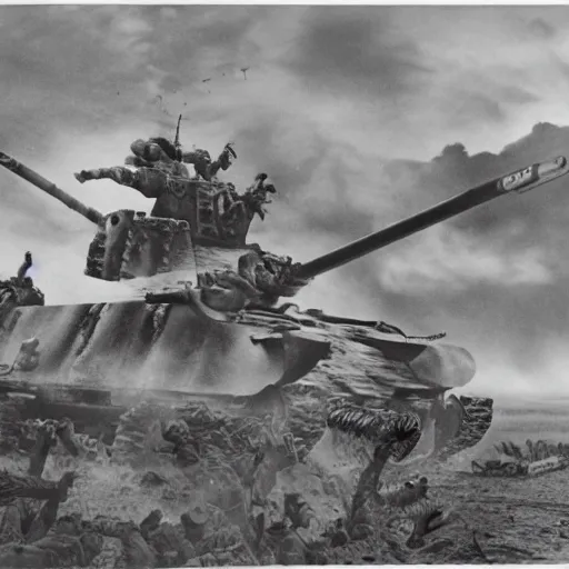 Image similar to black and white photo Dragons in Battle of Kursk WWII, dragons flying, tanks