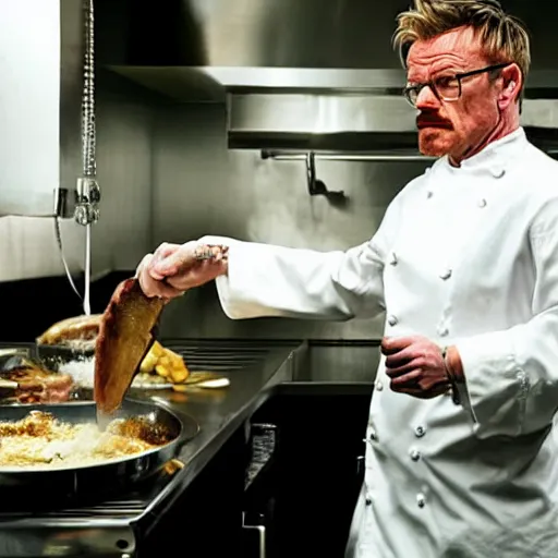 Prompt: walter white, played by gordon ramsay, cooking a steak