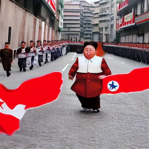 Image similar to screaming kim jong un dolls running through pamplona spain