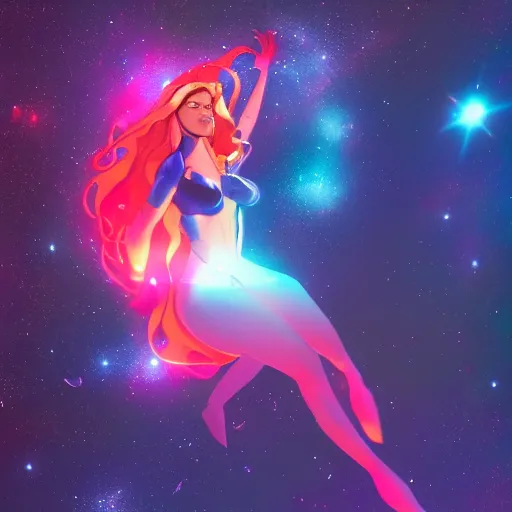 Image similar to a beautiful Scarlett witch, floating in space, neon, stars, galaxy, HDR, dreamscape, dramatic lighting, fantasy art illustration, trending on artstation, Aetherpunk