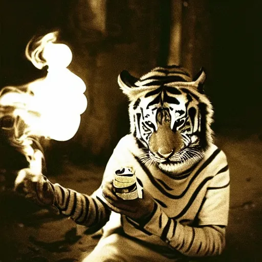 Image similar to retro photograph of a tiger smoking a joint in the streets of Dhaka at night, Kodak film photo