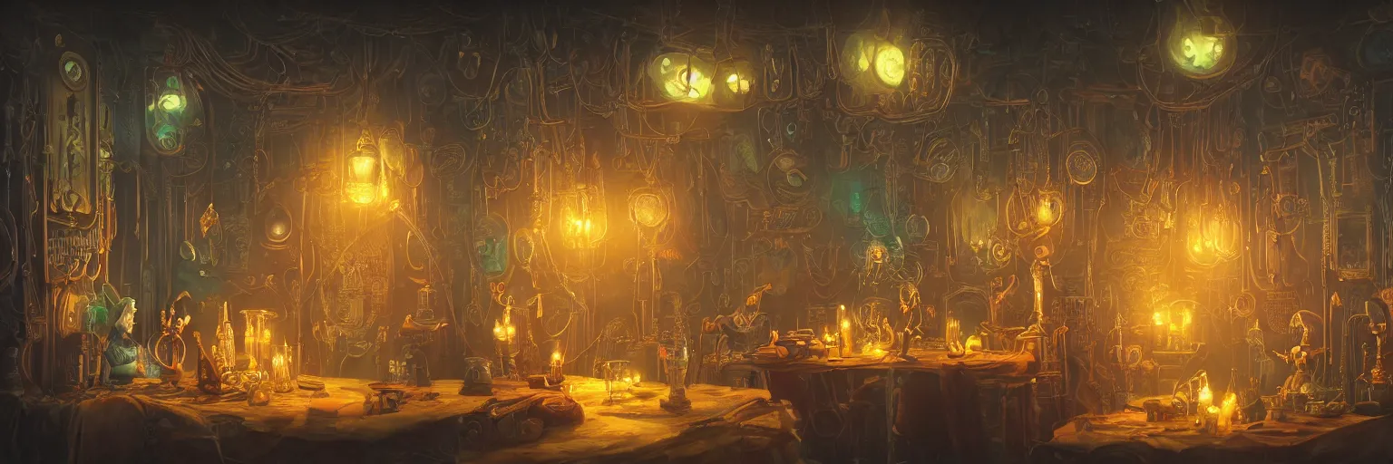 Prompt: a beautiful painting of a tapestry of a dream, ultra detailed, dark, steampunk, moody, candles, neon signs, infographic, characters from machinarium, by don bluth, trending on artstation, octane render