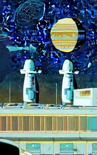 Image similar to a scifi illustration, hyper detailed external view of a lunar colony. cinematic wes anderson composition. flat colors, limited palette in FANTASTIC PLANET La planète sauvage animation by René Laloux