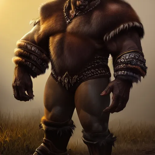 Image similar to A full body shot of a handsome orc looking into the camera wearing a leather fur jacket and boots, full body shot, artstation, realistic, highly detailed, symmetrical, hyper realism, warcraft, dynamic pose, high detail, octane render, unreal engine, 8k, fantasy art, highly detailed, concept art