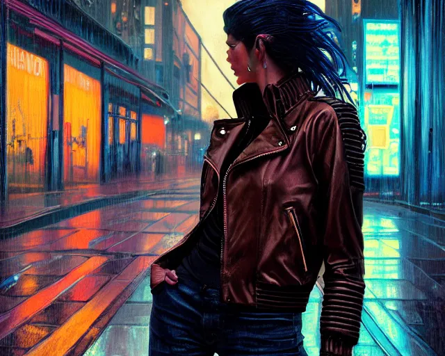 Image similar to painting of a punk woman in a leather bomber jacket on a rainy street at night, neon lighting, medium shot, symmetrical, elegant intricate digital painting, trending on artstation, by artgerm and greg rutkowski and alphonse mucha