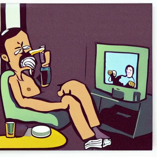 Prompt: Guy who drink beer while watching TV, junk foods, by Philippe Vuillemin