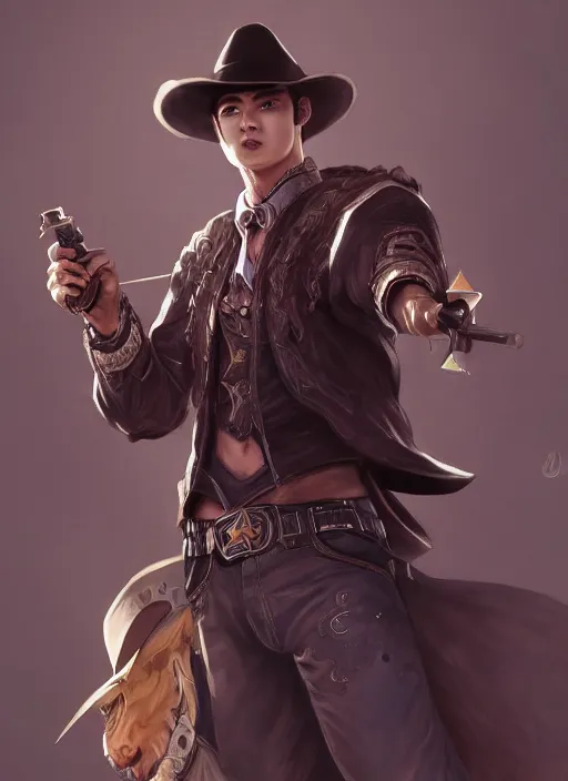 Image similar to a highly detailed illustration of cha eunwoo as a cowboy wearing black cowboy hat, dramatic wielding gun pose, perfect face, intricate, elegant, highly detailed, centered, digital painting, artstation, concept art, smooth, sharp focus, league of legends concept art, wlop