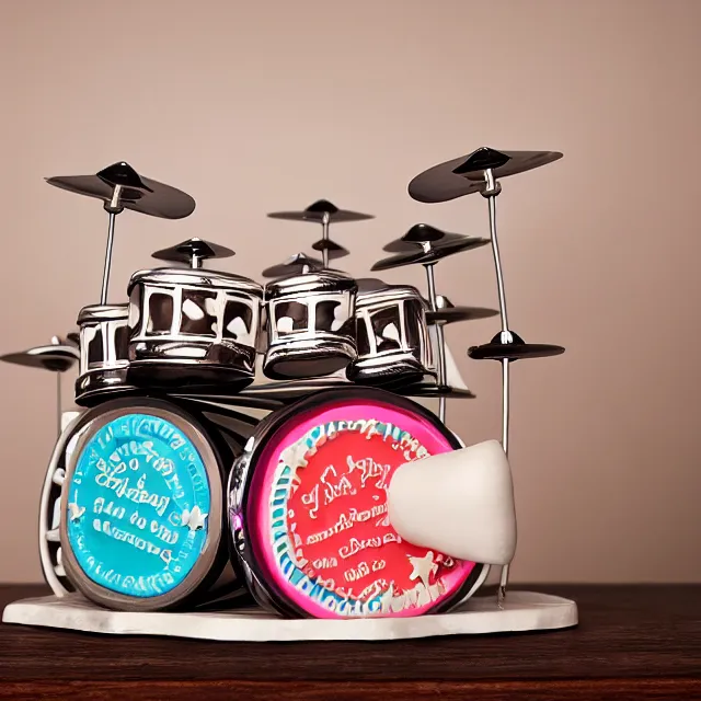 Image similar to a 4 k photograph of a birthday cake sculpture of a drum set