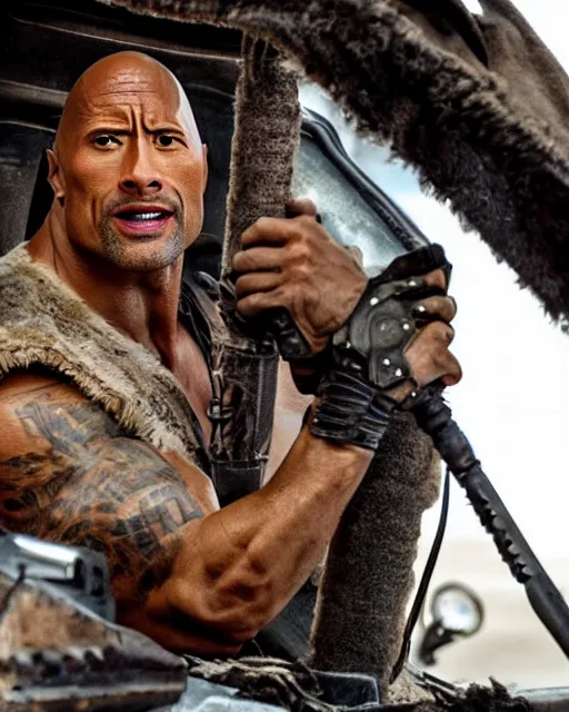 Image similar to film still close up shot of dwayne johnson as max rockatansky in the movie mad max. photographic, photography