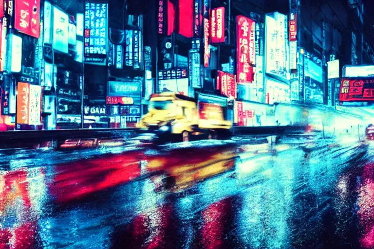 Image similar to a single semi truck, dekotora, speeding down tokyo highway in the rain, night time, neon lights, thunderstorm, movie still from the film bladerunner