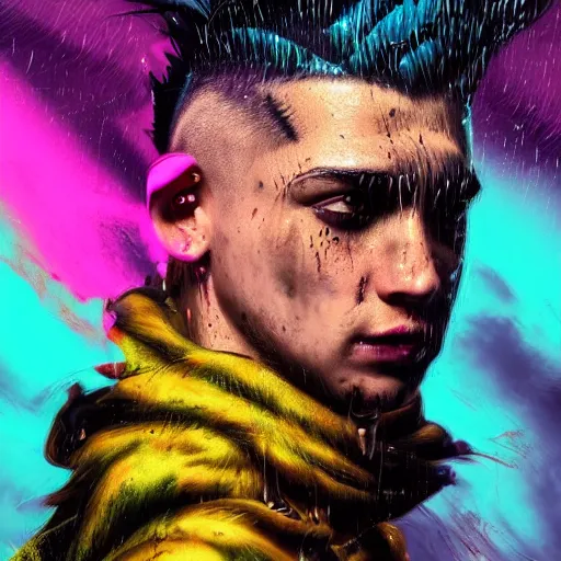 Image similar to splashes of neon clouds, mowhawk, punk portrait made out of paint with rain in the background, trending on artstation, epic composition, emotional, beautiful, rendered in octane, highly detailed, realistic, comic book art, sharp focus, matte painting, unreal engine