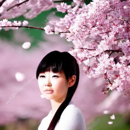 Image similar to a beautiful young Japanese girl, surrounded by sakura petals blowing in the wind, aesthetic!!!, beautiful!!!