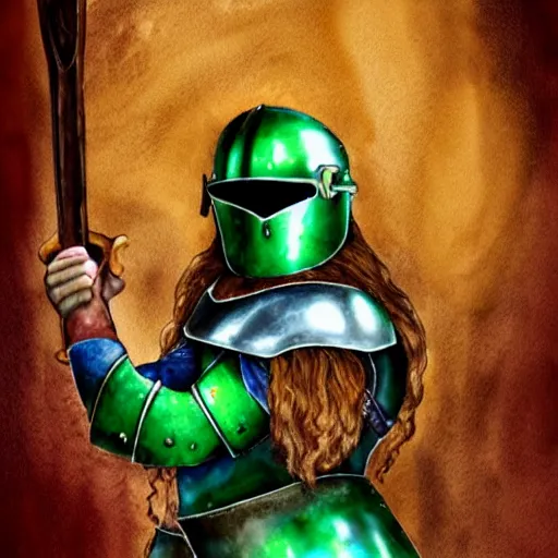Image similar to water colour of a dwarven woman, ginger hair, green eyes, holding hammer and shield with plate armour