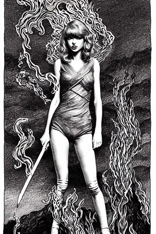 Image similar to taylor swift made of smoke, air elemental, as a d & d monster, full body, pen - and - ink illustration, etching, by russ nicholson, david a trampier, larry elmore, 1 9 8 1, hq scan, intricate details, inside stylized border