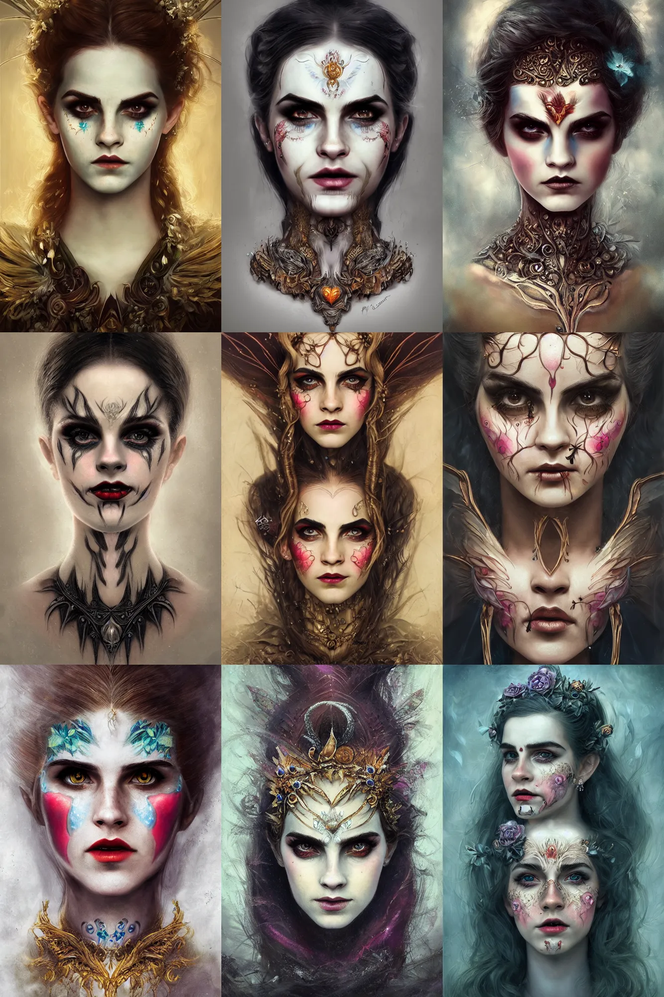 Prompt: portrait of angry fairy with her mouth wide open, symmetric, facepaint facepaint facepaint, intricate jewelry, trending on artstation 4 k, in the style of karol bak and tom bagshaw, bust with face of emma watson