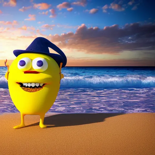 Prompt: 3 d render, of anthropomorphic lemon character, he is wearing a hat, building a sandcastle on the beach at sunset, beach, huge waves, sun, clouds, rim light, cinematic photography, professional, sand, sandcastle, volumetric lightening