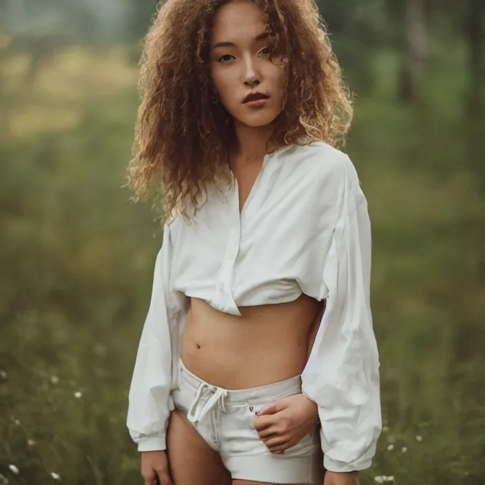 Prompt: a woman, in nature, backlit, wearing shorts, backlit, photo by Marat Safin, Canon EOS R3, f/1.4, ISO 200, 1/160s, 8K, RAW, unedited, symmetrical balance, in-frame