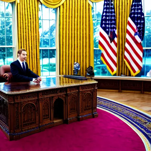 Image similar to Mark Zuckerberg the president of the united states sitting in the oval office, EOS-1D, f/1.4, ISO 200, 1/160s, 8K, RAW, unedited, symmetrical balance, in-frame, Photoshop, Nvidia, Topaz AI