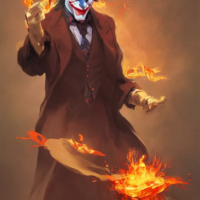 Image similar to joker as a firebender, portrait, elegant, intricate, digital painting, artstation, concept art, smooth, sharp focus, illustration, art by konstantin korovin and daniel f. gerhartz and john howe