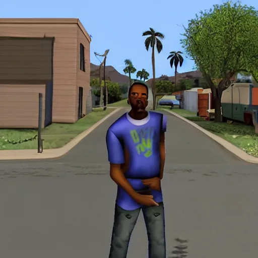 Prompt: carl johnson from gta san andreas in the early 2000s, middle of los angeles neighborhood