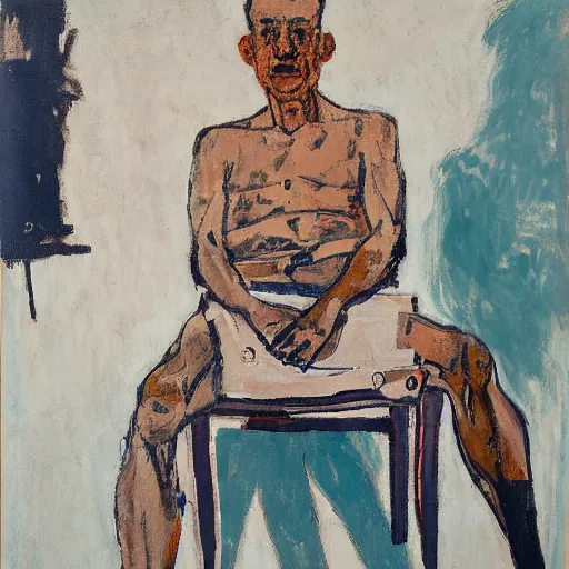 Image similar to painting of a man sitting on a chair, staring at you with an intense expression, by georg baselitz