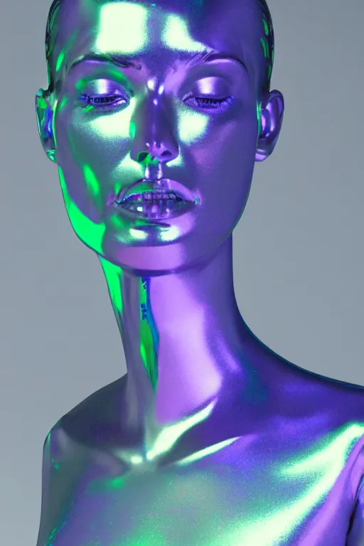 Image similar to 3d render of holographic human robotic bust made of glossy iridescent, bust, surrealistic 3d illustration of a human non-binary, non binary model, 3d model human, cryengine, made of holographic texture, holographic material, holographic rainbow, concept of cyborg and artificial intelligence