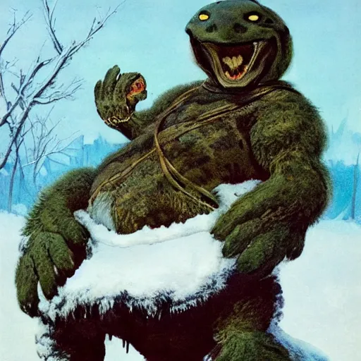 Image similar to anthropomorphic turtle humanoid in the snow wearing furs by frank frazetta