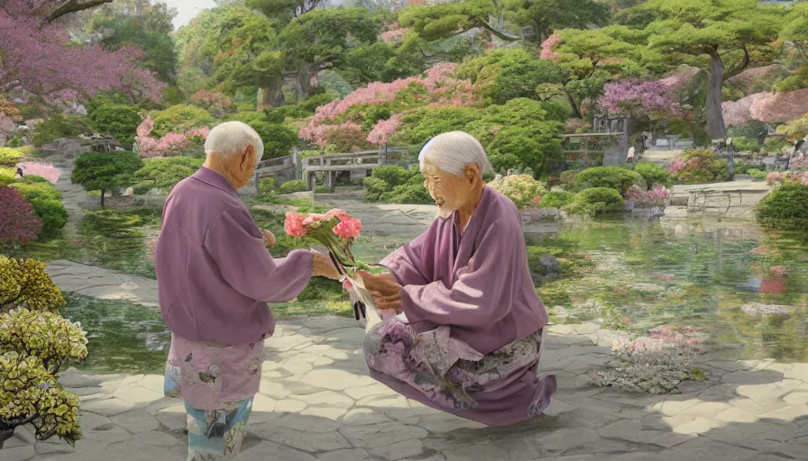 Image similar to old japanese man giving flowers to his wife, japanese flowery garden in the village, sunny day, drawing, hyperdetailed, artstation, cgsociety, 8 k