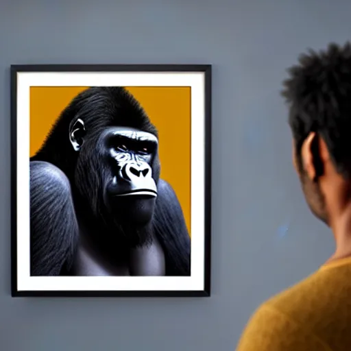 Image similar to Gorilla looking at a framed portrait of a man, hyperrealistic, concept art, 8k, artstation, cinematic, volumetric lighting