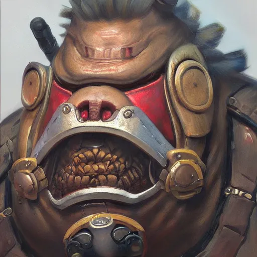 Prompt: detailed portrait of roadhog from overwatch, intricate, hyper detailed, realistic, oil painting, by julie bell, frank frazetta, cinematic lighting