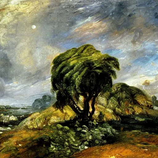 Image similar to detailed painting of a lush natural scene on an alien planet by john constable. beautiful landscape. weird colourful vegetation. cliffs and water.