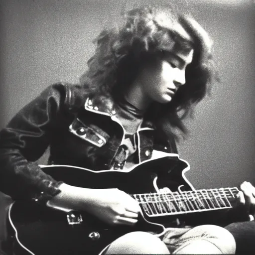 Prompt: 19-year-old girl, thick red shaggy hair, wearing leather jacket and denim jeans, holding electric guitar, stoner rock, proto-metal, super 8mm, 1973