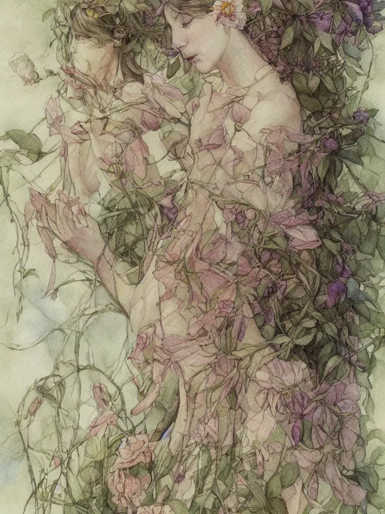 Image similar to study of a flower fairy, illustration, watercolor, alan lee, detailed, pretty, ethereal,