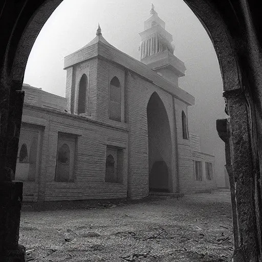 Prompt: a big mosque in a Village, horror, fog, foster, highly detailed, one house, fear, dark inside, black garb figures,eerie sun eclipse,hyper realistic, atmospheric lighting, beksinski