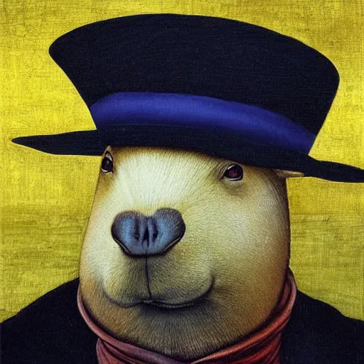 Image similar to gentleman capybara smoking, portrait, painting, vivid colours, Renaissance, detail, da vinci