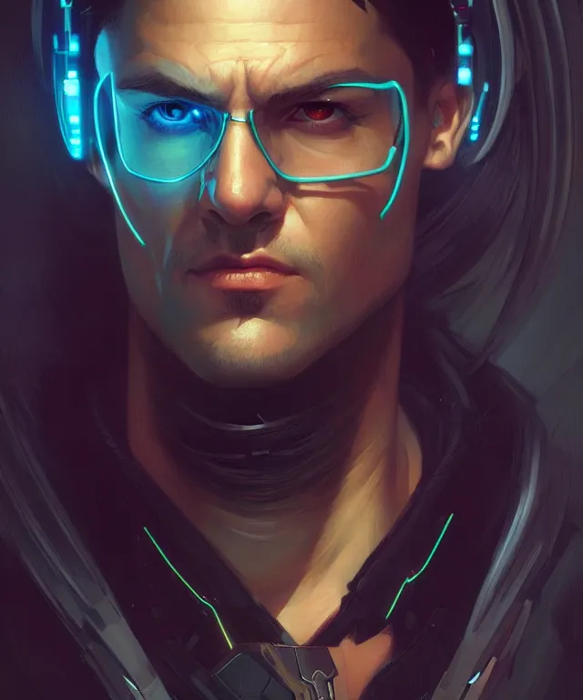 Image similar to Hacker cyberpunk man portrait, highly detailed, digital painting, artstation, concept art, smooth, sharp focus, illustration, art by artgerm and greg rutkowski and alphonse mucha