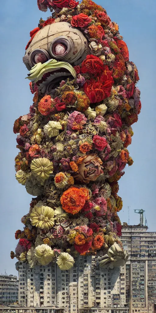 Image similar to colossal grotesque flower made from unfulfilled communist dreams in the middle of abandoned post soviet constructivist cityscape, Stalinist architecture, ultradetailed, Intricate by Hayao Miyazaki and Josan Gonzalez and Makoto Shinkai and Giuseppe Arcimboldo and Wes Anderson